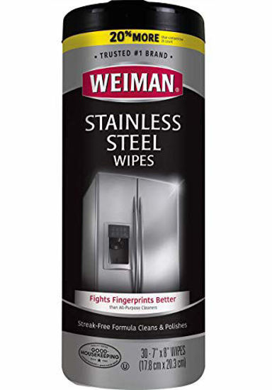 Picture of Weiman Stainless Steel Wipes - Removes Fingerprints, Residue, Water Marks and Grease from Appliances - Works Great on Refrigerators, Dishwashers, Ovens, Grills - 28 Count - Packaging May Vary