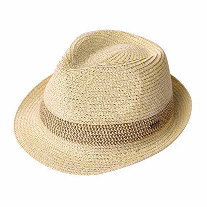 Picture of Fancet Mens Straw Panama Fedora Packable Sun Summer Beach Hat Trilby Women Beige M