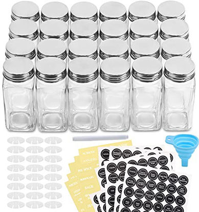 Picture of AOZITA 24 Pcs Glass Spice Jars/Bottles - 4oz Empty Square Spice Containers with Spice Labels - Shaker Lids and Airtight Metal Caps - Silicone Collapsible Funnel Included