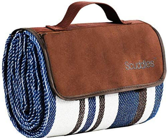 Picture of Scuddles Extra Large Picnic Blanket Outdoor Dual Layers Water-Resistant Handy Spring Summer Blue and White Striped Great for The Beach, Camping on Grass Waterproof 60 X 60