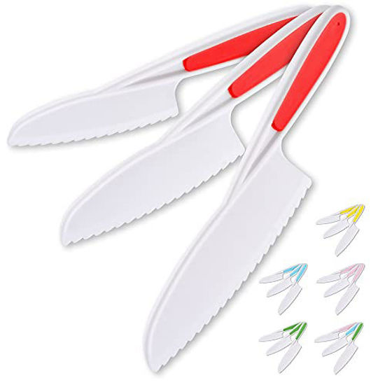 Picture of Zulay Kids Knife Set for Cooking and Cutting Fruits, Veggies & Cake - Perfect Starter Knife Set for Little Hands in the Kitchen - 3-Piece Nylon Knife for Kids - Fun & Safe Lettuce Knife (Red)