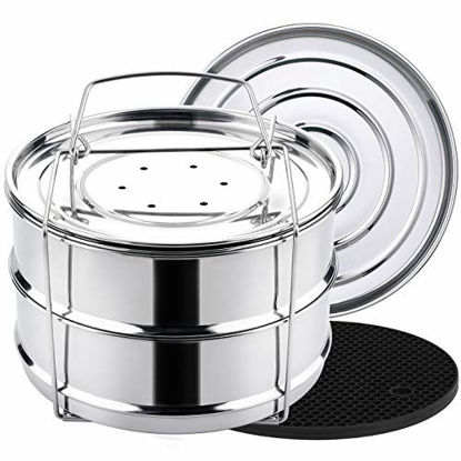 Picture of Aozita 3 Quart Stackable Steamer Insert Pans - Accessories for Instant Pot Mini 3 qt - Pot in Pot, Baking, Casseroles, Lasagna Pans, Food Steamer for Pressure Cooker, Upgrade Interchangeable Lids