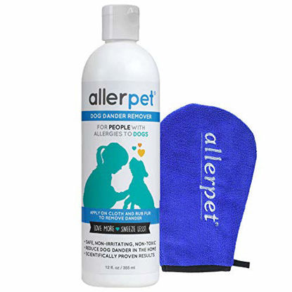 Picture of Allerpet Dog Allergy Relief w/Free Applicator Mitt - Pet Dander Remover for Allergens - for Canine Dry Skin Treatment - Good for Fur & Skin - (12oz)
