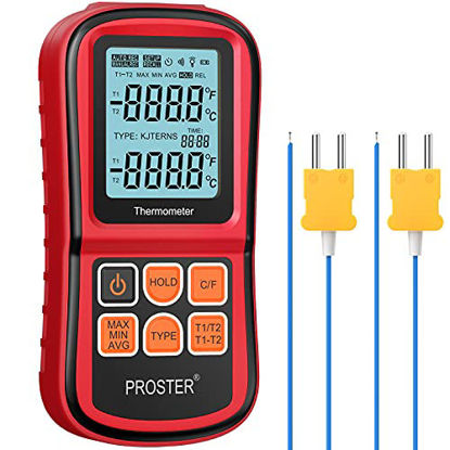 Picture of Proster Digital Thermocouple Temperature Thermometer with Two K-Type Thermocouple Probe Backlight LCD K Type Thermometer Dual Channel for K/J/T/E/R/S/N Type