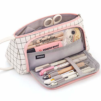 Picture of EASTHILL Large Capacity Colored Canvas Storage Pouch Marker Pen Pencil Case Simple Stationery Bag Holder For Middle High School Office College Student Girl Women Adult Teen Gift White Plaid