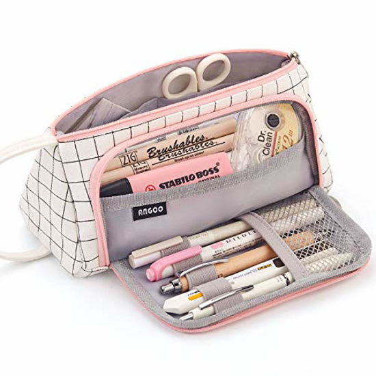 Picture of EASTHILL Large Capacity Colored Canvas Storage Pouch Marker Pen Pencil Case Simple Stationery Bag Holder For Middle High School Office College Student Girl Women Adult Teen Gift White Plaid