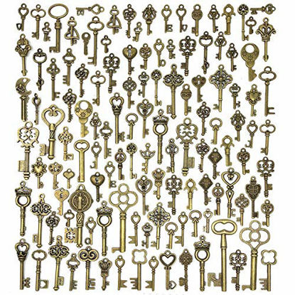 Picture of 125 PCS Vintage Skeleton Key Set Charms, JIALEEY Mixed Antique Style Bronze Brass Key Set Charms for Pendant DIY Jewelry Making Wedding Party Favors