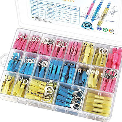 Picture of TICONN 250Pcs Heat Shrink Wire Connectors, Waterproof Automotive Marine Electrical Terminals Kit, Crimp Connector Assortment, Ring Fork Spade Butt Splices