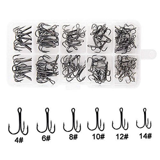 GetUSCart- Fishing Treble Hooks Kit High Carbon Steel Hooks Strong Sharp  Round Bend for Lures Baits Saltwater Fishing 110pcs/box Mixed 6 Size 4 6 8  10 12 14
