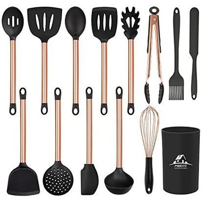 Picture of 14 Pcs Kitchen Utensils Set with Holder, Silicone Cooking Kitchen Utensils Set Non-stick Heat Resistant Cookware Copper Cooking Tools Turner Tongs Spatula with Stainless Steel Handle (Gold)