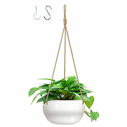 Picture of GROWNEER 7 Inches Ceramic Hanging Planter with 2 Hooks, White Porcelain Wall Hanging Plant Holder Flower Pot with Nylon Rope for Home Decoration, Gift, Garden, Indoor Outdoor Use