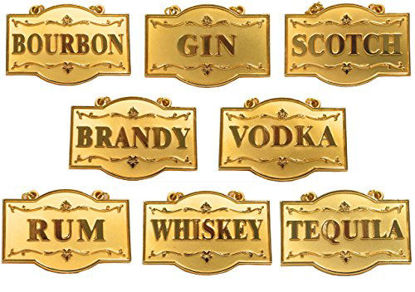 Picture of Amlong Plus Deluxe Set of Liquor Tags for Bottles or Decanters, Golden Color, Set of 8 With Adjustable Chain Features (Bourbon, Brandy, Gin, Rum, Scotch, Tequila, Vodka, and Whiskey)