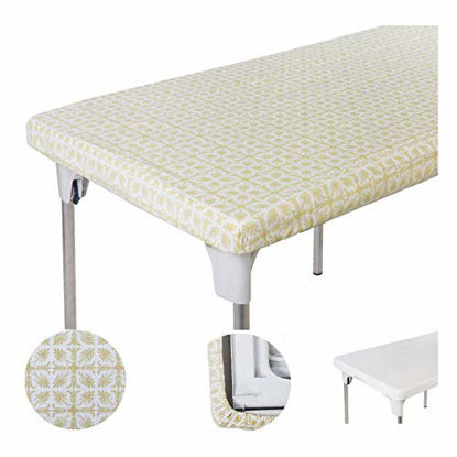 Picture of TopTableCloth Table Cover Yellow Gold Patterned Elastic Vinyl Christmas Tablecloth rectangular for folding table 6 ft 30 x 72 inch Waterproof Fitted Table Cloths Rectangle Camping Picnic Party Outdoor