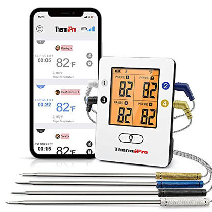 Picture of ThermoPro TP25 500ft Wireless Bluetooth Meat Thermometer with 4 Temperature Probes Smart Digital Cooking BBQ Thermometer for Grilling Oven Food Smoker Thermometer, Rechargeable