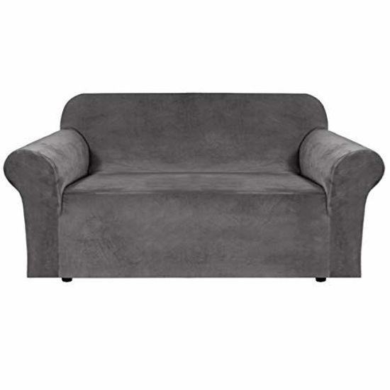 Picture of H.VERSAILTEX Stretch Velvet Loveseat Covers for 2 Cushion Couch Covers for Living Room Sofa Covers Slipcovers with Non Slip Straps Bottom, Ultra Thick Comfy Velour (Width 58"-72", Grey)