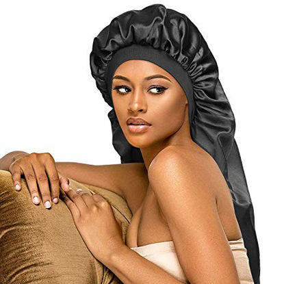 Picture of Long Satin Bonnet Sleep Cap,Black Extra Large Silk Bonnet for Natural Hair, Bonnets for Women Night Sleep,Wide Elastic Band, Very Soft & Comfortable (black)