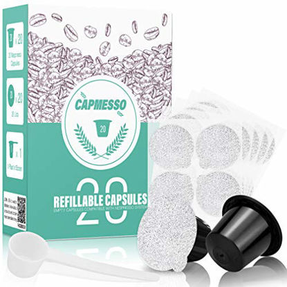 Picture of CAPMESSO Reusable Espresso Capsules -Refillable Capsule Coffee Pods Filters Reusable 200 Times Compatible with Nespresso Original Line Machines (Black, 20 Pods+20 Lids+Scoop1)