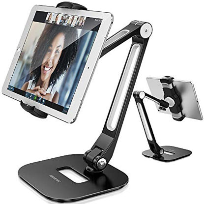 Picture of AboveTEK Long Arm Aluminum Tablet Stand, Folding iPad Stand with 360° Swivel iPhone Clamp Mount Holder, Fits 4-11" Display Tablet/Phones for Kitchen Table Bedside Office POS Kiosk Reception Black