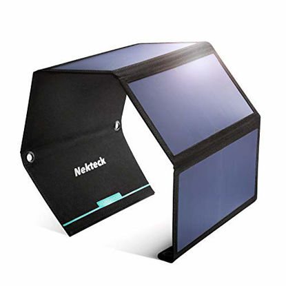 Picture of Nekteck 28W Foldable Portable Solar Charger with 2 USB Port, IPX4 Waterproof Hiking Camping Gear Sunpowered Charger Compatible with iPhone 12/11/11pro/Xs, iPad, MacBook, Samsung Galaxy, Camera etc.
