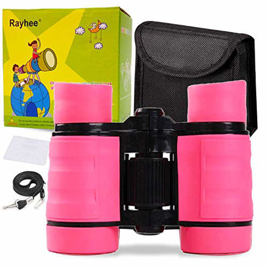 Picture of Rayhee Rubber 4x30mm Toy Binoculars for Kids - Bird Watching - Educational Learning - Hunting - Hiking - Birthday Presents - Gifts for Children - Outdoor Play (Pink)