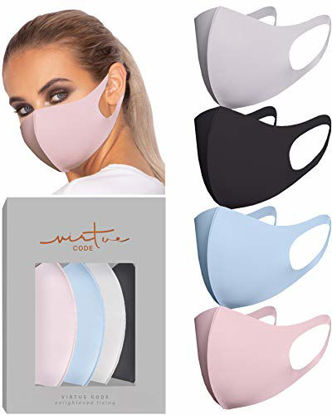 Picture of VIRTUE CODE Second Skin Cloth Face Mask Pack. 4 Buttery Soft Masks Washable Fabric - Pink, Baby Blue, Soft Grey and Black Face Mask Reusable. Stretchy, Comfortable, Fresh Facemask.