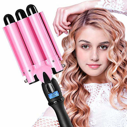 Picture of 3 Barrel Curling Iron Hair Waver Curling Iron Fast Heating Ceramic Hair Waver Curler 25mm Hair Curling Wand (Pink)