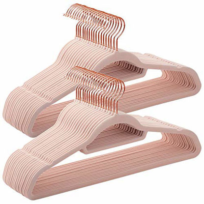 Picture of SONGMICS Velvet Hangers, 50 Pack, Non-Slip Clothes Hanger with Rose Gold Color Swivel Hook, 0.2-Inch Thick and Space Saving, 17.7-Inch Long for Coat, Shirt, Dress, Light Pink UCRF21PK50