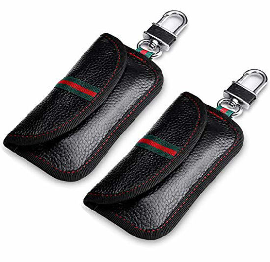 Picture of VAWcornic 2 Pack Faraday Bag for Car Key Fob, Genuine Leather Car Key RFID Signal Blocking Pouch Keyless Signal Block Key Case for Car Security, Anti-Theft Remote Entry Smart Fob Protection - Black
