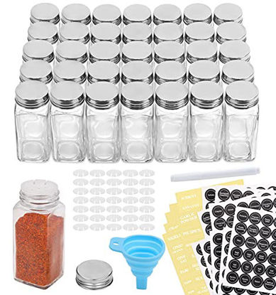 Picture of AOZITA 36 Pcs Glass Spice Jars with Spice Labels - 4oz Empty Square Spice Bottles - Shaker Lids and Airtight Metal Caps - Chalk Marker and Silicone Collapsible Funnel Included