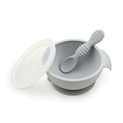Picture of Bumkins Suction Silicone Baby Feeding Set, Bowl, Lid, Spoon, BPA-Free, First Feeding, Baby Led Weaning - Gray