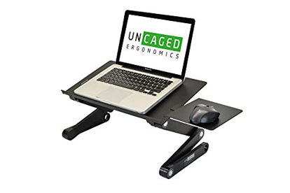 Picture of WorkEZ BEST Adjustable Laptop Cooling Stand & Lap Desk for Bed Couch w/ Mouse Pad. Ergonomic height angle tilt aluminum desktop tray portable macbook pro computer riser table cooler folding holder