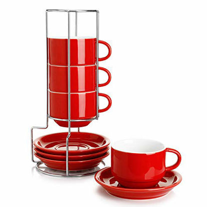 Picture of Sweese 406.404 Porcelain Stackable Cappuccino Cups with Saucers and Metal Stand - 8 Ounce for Specialty Coffee Drinks, Cappuccino, Latte, Americano and Tea - Set of 4, Red