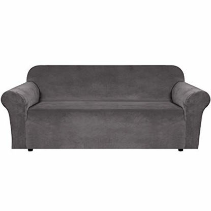 Picture of H.VERSAILTEX Stretch Velvet Sofa Covers for 3 Cushion Couch Covers Sofa Slipcovers with Non Slip Straps Underneath The Furniture, Crafted from Thick Comfy Rich Velour (Sofa 72"-96", Grey)