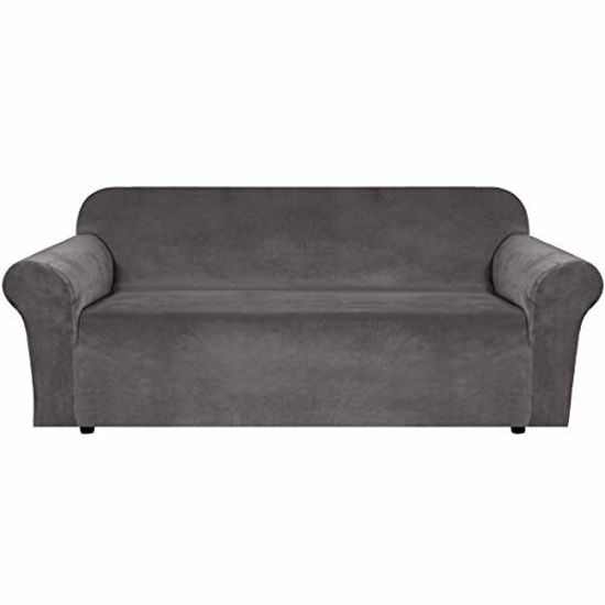 Picture of H.VERSAILTEX Stretch Velvet Sofa Covers for 3 Cushion Couch Covers Sofa Slipcovers with Non Slip Straps Underneath The Furniture, Crafted from Thick Comfy Rich Velour (Sofa 72"-96", Grey)