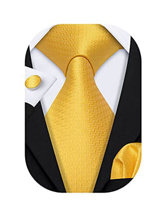 Picture of Barry.Wang Mens Ties Silk Tie Pocket Square Cufflinks Set Woven Designer Bright Yellow