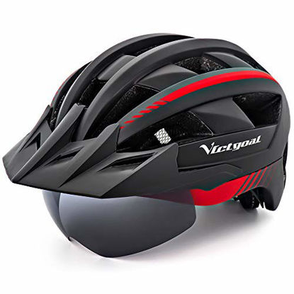 Picture of VICTGOAL Bike Helmet for Men Women with Led Light Detachable Magnetic Goggles Removable Sun Visor Mountain & Road Bicycle Helmets Adjustable Size Adult Cycling Helmets (Black Red)