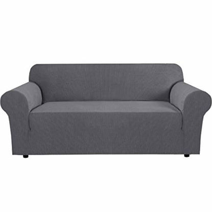 Picture of H.VERSAILTEX Stretch Sofa Covers for 3 Cushion Couch Covers Sofa Slipcovers for Living Room Feature Thick Checked Jacquard Fabric with Elastic Bottom, Sofa Large - Grey