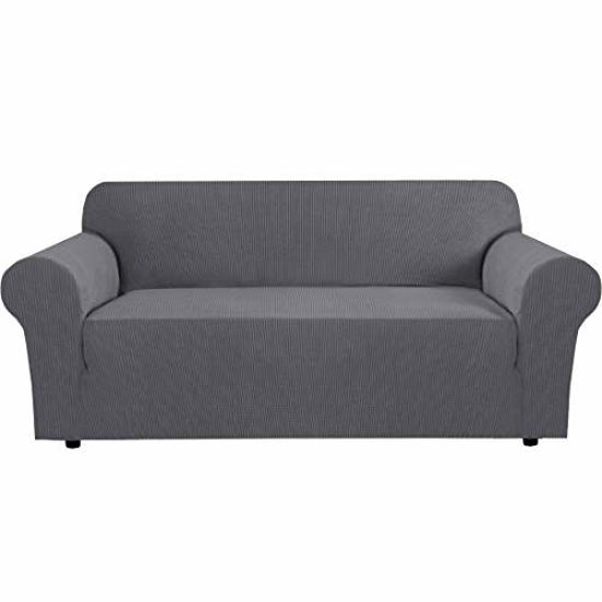 Picture of H.VERSAILTEX Stretch Sofa Covers for 3 Cushion Couch Covers Sofa Slipcovers for Living Room Feature Thick Checked Jacquard Fabric with Elastic Bottom, Sofa Large - Grey