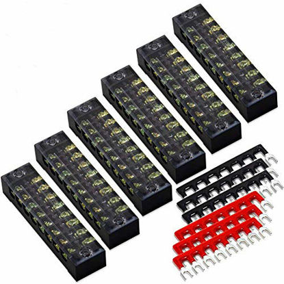 Picture of 12pcs (6 Sets) 8 Positions Dual Row 600V 15A Screw Terminal Strip Blocks with Cover + 400V 15A 8 Positions Pre-Insulated Terminals Barrier Strip (Black & Red) by MILAPEAK