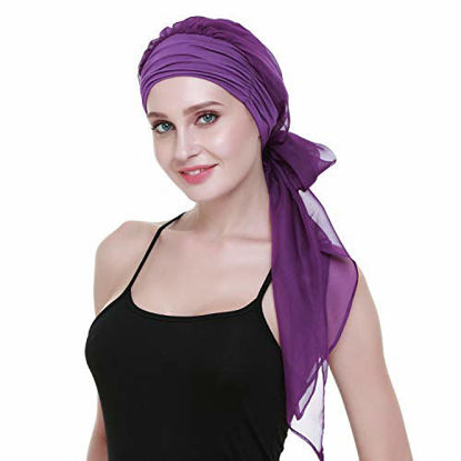 Picture of Cancer HeadCovers for Women Pre Tied Headwrap Chemo Patient Turbans Scarves Gift Dark Purple