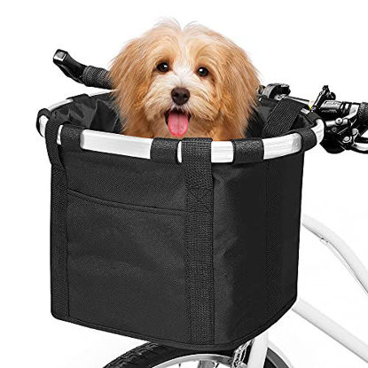 Picture of ANZOME Bike Basket, Folding Small Pet Cat Dog Carrier Front Removable Bicycle Handlebar Basket Quick Release Easy Install Detachable Cycling Bag Mountain Picnic Shopping