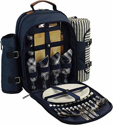 Picture of Picnic Backpack for 4 | Picnic Basket | Stylish All-in-One Portable Picnic Bag with Complete Cutlery Set, Stainless Steel S/P Shakers | Picnic Blanket Waterproof Extra Large| Cooler Bag for Camping