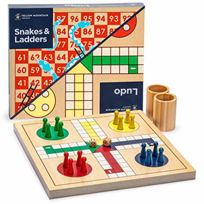 Picture of Yellow Mountain Imports 2-in-1 Reversible Wooden Snakes and Ladders, Ludo Game Set