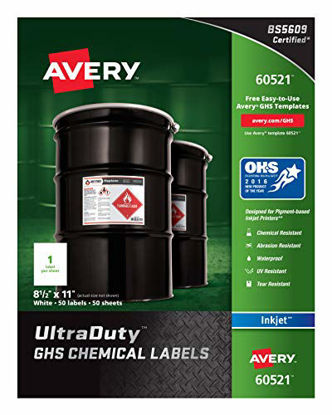 Picture of Avery Ultra Duty GHS Chemical Labels for Pigment Inkjet Printers, Waterproof, UV Resistant, 8.5 x 11 (60521)