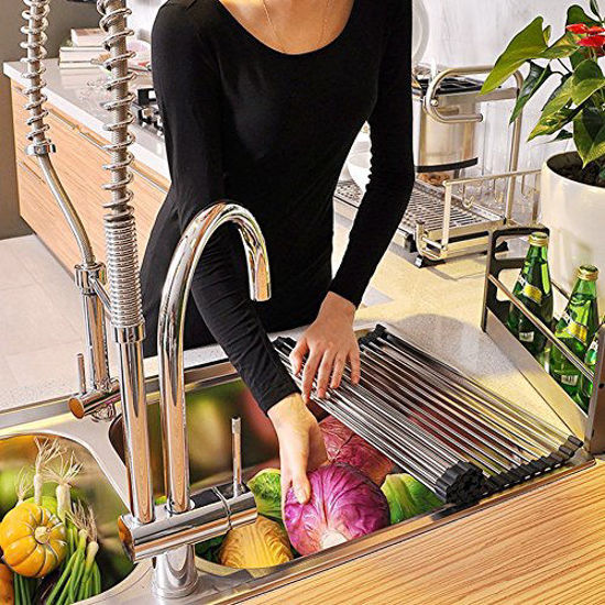 Escurridor De Platos Enrollable Para Fregadero - Acero Inoxidable Y Silicona, Tamaño 47x40 Cm (20 Tubos), Plegable, Secado Rápido Y Ahorra Espacio