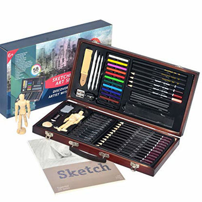 Picture of Sketching Drawing Art Set,58pcs Professional Wooden Artist Kit with Sketchbook,Complete Sketching,Charcoal Pencils and Tools,Ideal for Teens,Kids,Adults,Artists,Beginners(Wooden Case-58pcs)