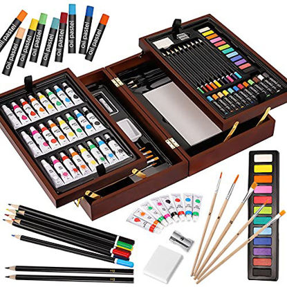 Picture of Vigorfun Deluxe Art Set in Wooden Case, with Soft & Oil Pastels, Acrylic & Watercolor Paints, Water Color, Sketching, Charcoal & Colored Pencils, Watercolor Cakes and Tools
