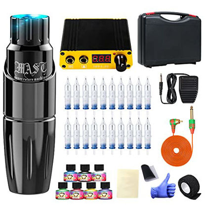 Picture of Dragonhawk Complete Rotary Tattoo Pen Machine Kit, Mast Tour Tattoo Permanent Makeup Pen Machine 20Pcs Cartridges Needles Power Supply Color Inks with Carry Case 366H