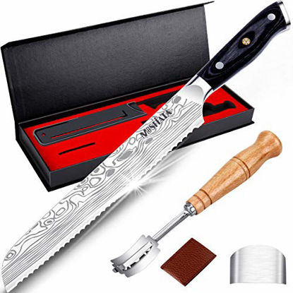 Picture of MOSFiATA Bread Knife 8 Ultra Sharp Serrated Knife, German High Carbon Stainless Steel EN1.4116 Bread Slicer with Bread Lame, Micarta Handle, Durable Bread Cutting Knife for Bread, Cake, Bagels