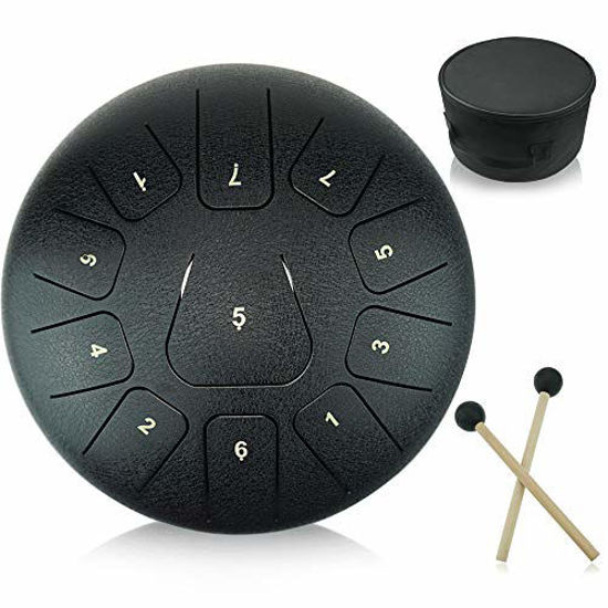 Picture of 12 inches Steel Tongue Drum Black 11 Notes,C Major,with Padded Drum Bag and Couple of Mallets, peaceful sound